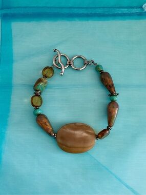 Artisan Earth Tone and Turquoise Bead Boho Bracelet with Toggle Closure